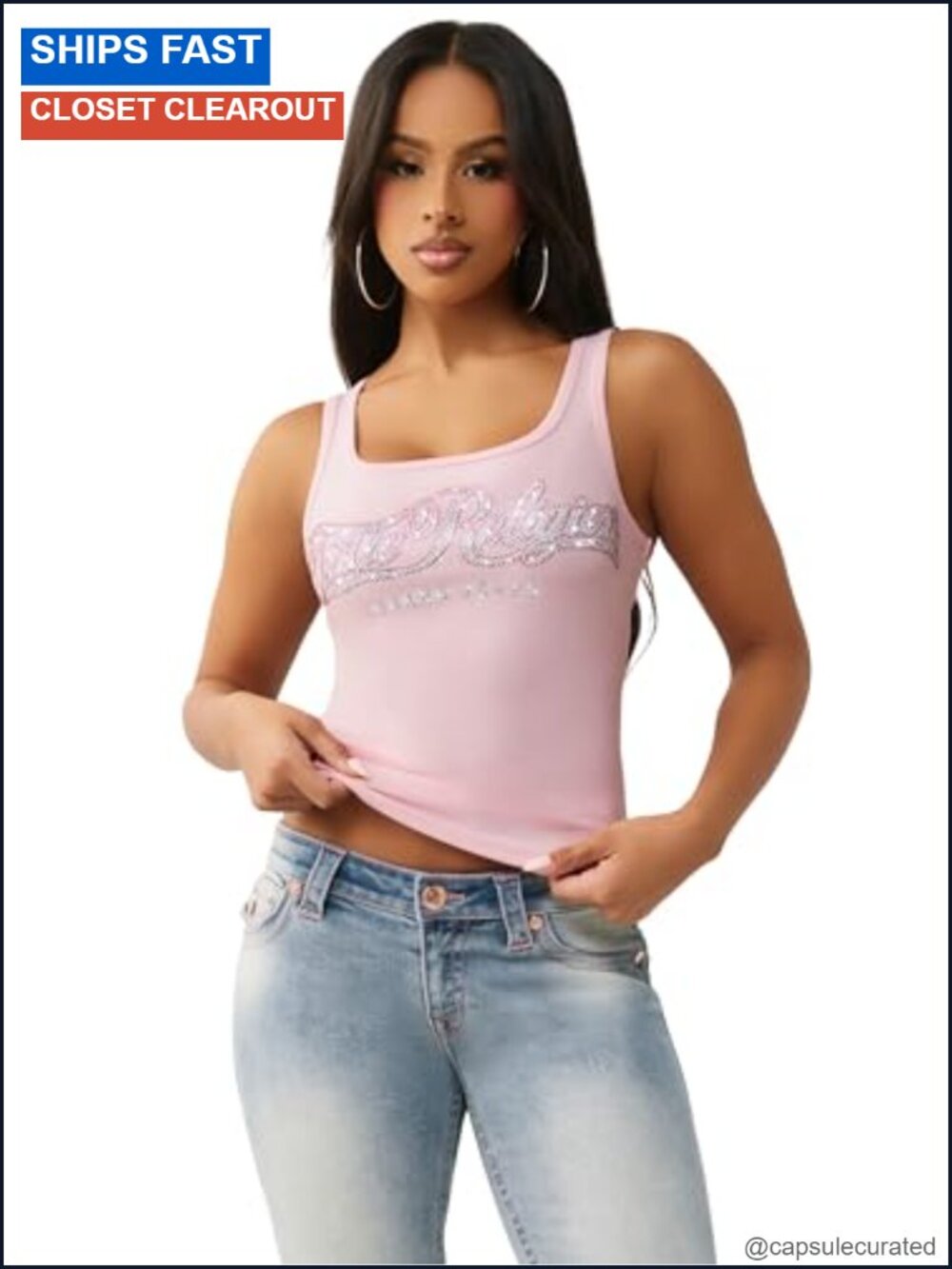 Crystal Square Neck Rib Tank Top Sleeveless Summer Women's